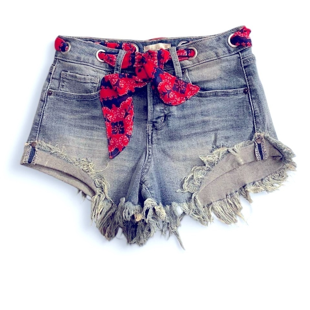 Altar'd State Gray and Red Jean Shorts with Frayed Hem